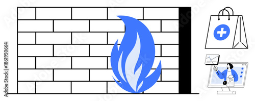Firewall security concept emphasizing digital protection in cybersecurity. Firewall prevents unauthorized access and ensures secure online activity. Related to cybersecurity, e-commerce, firewalls