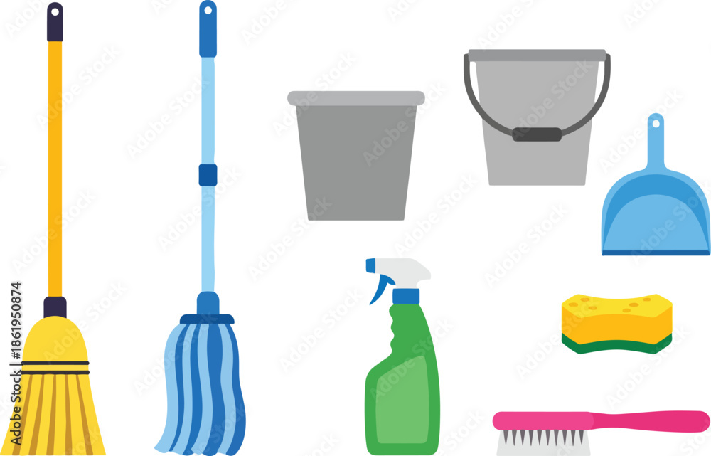 Fototapeta premium Essential Cleaning Supplies Collection for Home Maintenance.