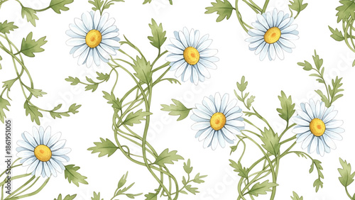 Modern vector watercolor-style floral wallpaper with daisies, vines, and greenery in repeating layout, cheerful nature-inspired background for home decor and surface design