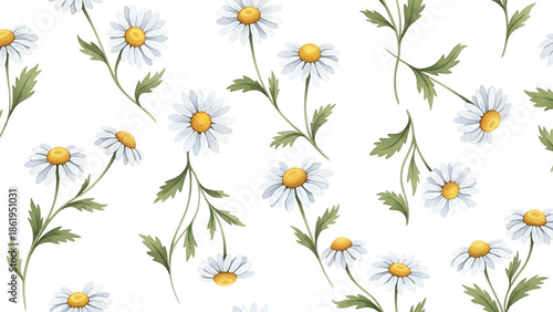 Modern vector watercolor-style floral wallpaper with daisies, vines, and greenery in repeating layout, cheerful nature-inspired background for home decor and surface design