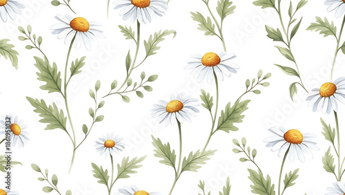 Modern vector watercolor-style floral wallpaper with daisies, vines, and greenery in repeating layout, cheerful nature-inspired background for home decor and surface design