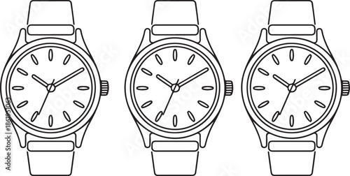 A set of three matching black and white line art illustrations of classic analog wristwatches.