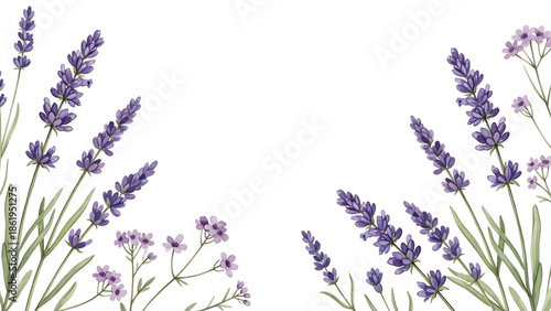 Modern vector watercolor-style floral and nature wallpaper featuring lavender sprigs and wildflowers, calming botanical background ideal for interiors, textiles, and wellness branding