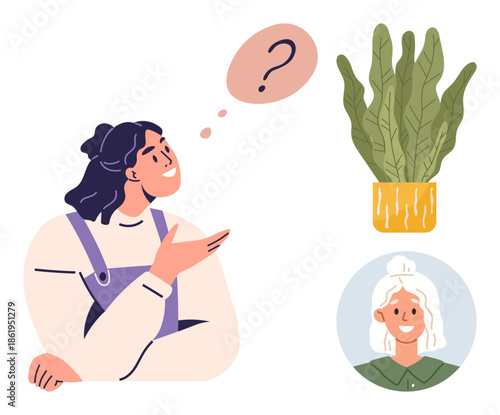 Young woman thinking with question mark, plant in pot, and portrait of older person. Ideal for communication, introspection, relationships, advice, decision-making, creativity self-reflection