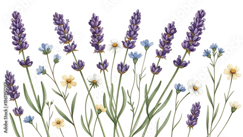 Modern vector watercolor-style floral and nature wallpaper featuring lavender sprigs and wildflowers, calming botanical background ideal for interiors, textiles, and wellness branding
