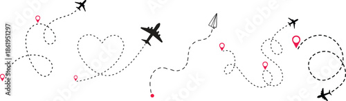 Airplane Track Icon set. Air plane flight route dash line trace with start point. Airplane flight path with destination pin. flying plane with twisted, curved and straight dashed trace path.