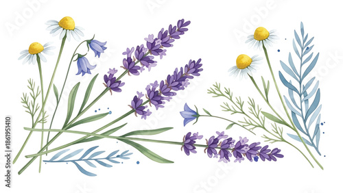 Modern vector watercolor-style floral and nature wallpaper featuring lavender sprigs and wildflowers, calming botanical background ideal for interiors, textiles, and wellness branding