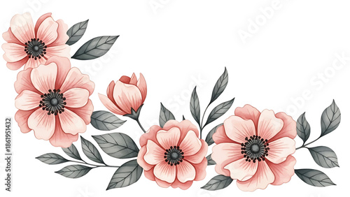 Modern vector watercolor-style floral and leaf wallpaper with layered petals and foliage, elegant nature-inspired background creating depth without gradients for premium design use
