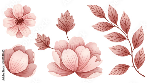 Modern vector watercolor-style floral and leaf wallpaper with layered petals and foliage, elegant nature-inspired background creating depth without gradients for premium design use