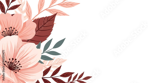 Modern vector watercolor-style floral and leaf wallpaper with layered petals and foliage, elegant nature-inspired background creating depth without gradients for premium design use