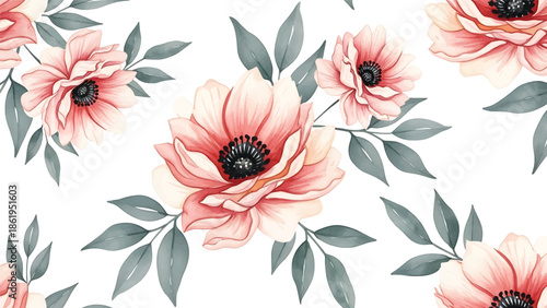 Modern vector watercolor-style floral and leaf wallpaper with layered petals and foliage, elegant nature-inspired background creating depth without gradients for premium design use
