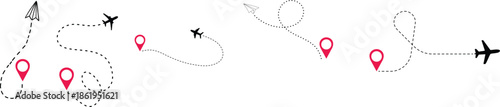 Airplane Track Icon set. Air plane flight route dash line trace with start point. Airplane flight path with destination pin. flying plane with twisted, curved and straight dashed trace path.