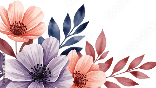 Modern vector watercolor-style floral and leaf wallpaper with layered petals and foliage, elegant nature-inspired background creating depth without gradients for premium design use