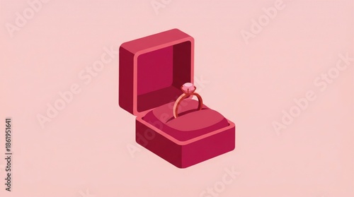 Isometric illustration of a red ring box with an engagement ring featuring a pink gemstone
