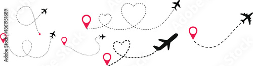 Airplane Track Icon set. Air plane flight route dash line trace with start point. Airplane flight path with destination pin. flying plane with twisted, curved and straight dashed trace path.