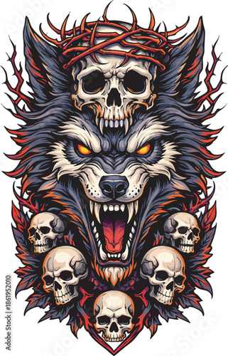 Dark Wolf Skull Illustration with Crown of Thorns, Horror Fantasy Animal Design, Aggressive Wolf Mascot with Skulls on White Background