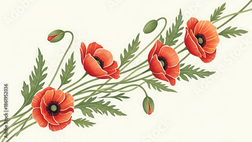 Modern vector watercolor-style floral wallpaper with poppy flowers, stems, and leaves arranged diagonally, artistic botanical nature background for interior and surface design