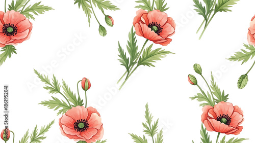 Modern vector watercolor-style floral wallpaper with poppy flowers, stems, and leaves arranged diagonally, artistic botanical nature background for interior and surface design
