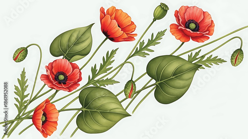 Modern vector watercolor-style floral wallpaper with poppy flowers, stems, and leaves arranged diagonally, artistic botanical nature background for interior and surface design