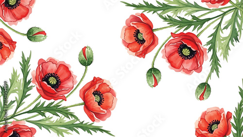 Modern vector watercolor-style floral wallpaper with poppy flowers, stems, and leaves arranged diagonally, artistic botanical nature background for interior and surface design