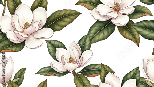 Modern vector watercolor-style botanical wallpaper with magnolia flowers and large leaves, refined luxury floral nature background ideal for premium interior and branding projects