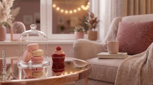 Cozy living room with pastel desserts on a glass table near a comfortable sofa and warm window lighting