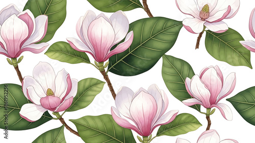 Modern vector watercolor-style botanical wallpaper with magnolia flowers and large leaves, refined luxury floral nature background ideal for premium interior and branding projects