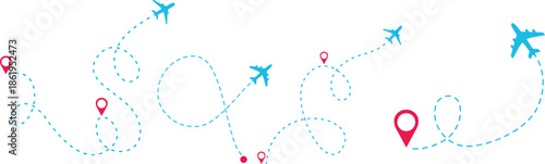 Airplane Track Icon set. Air plane flight route dash line trace with start point. Airplane flight path with destination pin. flying plane with twisted, curved and straight dashed trace path.