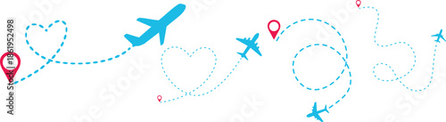 Airplane Track Icon set. Air plane flight route dash line trace with start point. Airplane flight path with destination pin. flying plane with twisted, curved and straight dashed trace path.