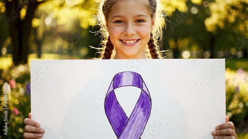 Wallpaper Mural Young Girl Holding Purple Ribbon Sign for Awareness and Support. Torontodigital.ca