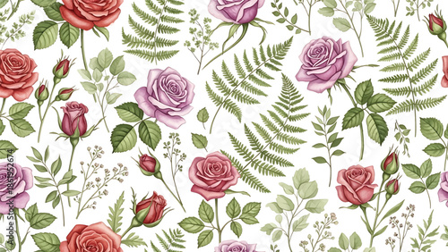 Modern vector watercolor-style floral and nature wallpaper with roses, ferns, and greenery, romantic botanical background ideal for interiors, textiles, and stationery design