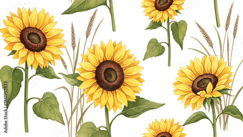 Modern vector watercolor-style botanical wallpaper featuring sunflowers, grasses, and natural textures, warm countryside floral background for wallpaper and surface design