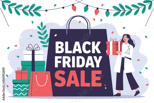 Excited woman holds gift boxes near large Black Friday sale bag with festive decorations