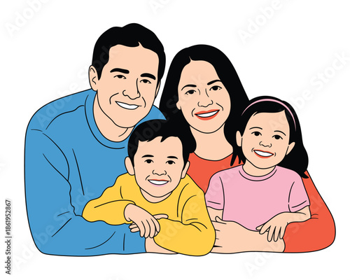 Smiling parents embrace their two happy children in a warm family portrait.