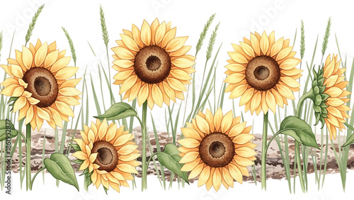 Modern vector watercolor-style botanical wallpaper featuring sunflowers, grasses, and natural textures, warm countryside floral background for wallpaper and surface design