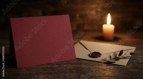 A lit candle beside an open envelope with a wax seal and dried leaves on a wooden table next to a red card