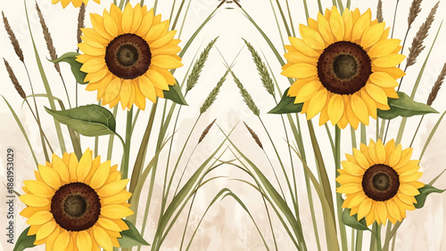 Modern vector watercolor-style botanical wallpaper featuring sunflowers, grasses, and natural textures, warm countryside floral background for wallpaper and surface design