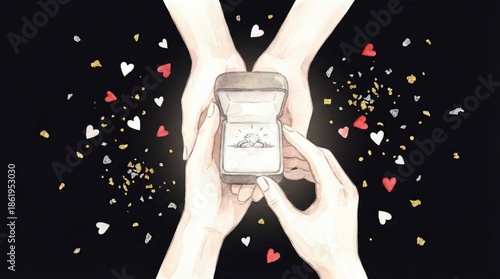 Hands holding an open ring box with a sparkling diamond ring against a black background adorned with floating hearts and glitter