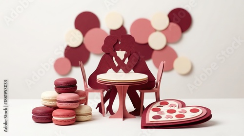 Romantic paper cutout scene with couple at table, macarons, and heart decoration against colorful circular backdrop