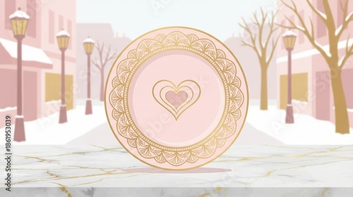 Ornate pink plate with heart design in a snowy urban setting
