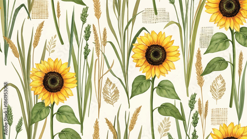 Modern vector watercolor-style botanical wallpaper featuring sunflowers, grasses, and natural textures, warm countryside floral background for wallpaper and surface design