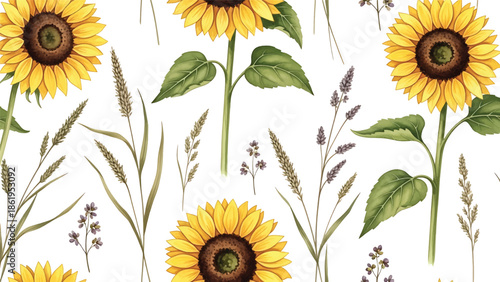 Modern vector watercolor-style botanical wallpaper featuring sunflowers, grasses, and natural textures, warm countryside floral background for wallpaper and surface design