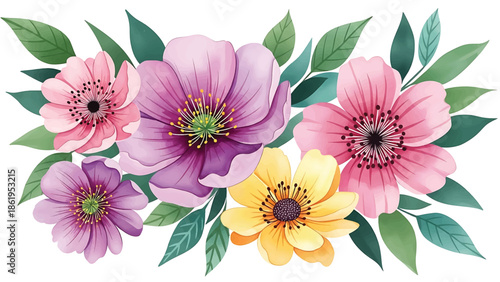 Modern vector watercolor-style floral wallpaper with oversized flowers and abstract leaves, bold contemporary nature background for modern interior and branding use