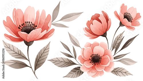 Modern vector watercolor-style floral wallpaper with oversized flowers and abstract leaves, bold contemporary nature background for modern interior and branding use