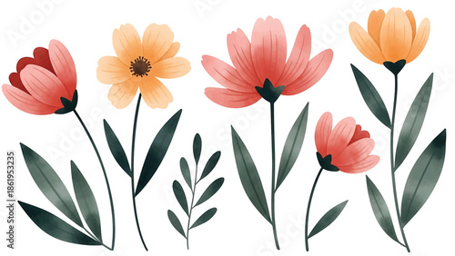 Modern vector watercolor-style floral wallpaper with oversized flowers and abstract leaves, bold contemporary nature background for modern interior and branding use