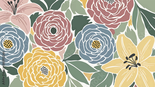 Modern vector watercolor-style nature wallpaper with lilies, water plants, and organic shapes, serene botanical background inspired by natural ponds and gardens