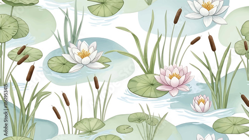 Modern vector watercolor-style nature wallpaper with lilies, water plants, and organic shapes, serene botanical background inspired by natural ponds and gardens