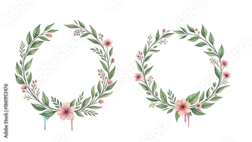 Modern vector watercolor-style floral and nature wallpaper with wreath-inspired botanical motifs repeated evenly, decorative background for stationery, packaging, and interior use