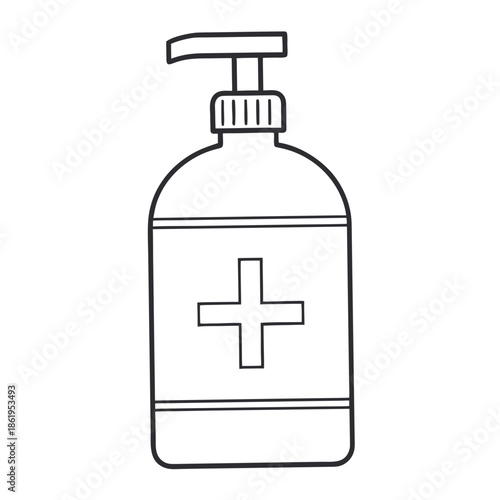 Hand Sanitizer Dispenser: A minimalist, line art illustration of a hand sanitizer dispenser, symbolizing hygiene, health, and cleanliness. Perfect for designs related to healthcare, safety.