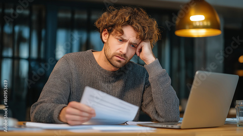 A person filing an insurance claim on a laptop, with a concerned expression